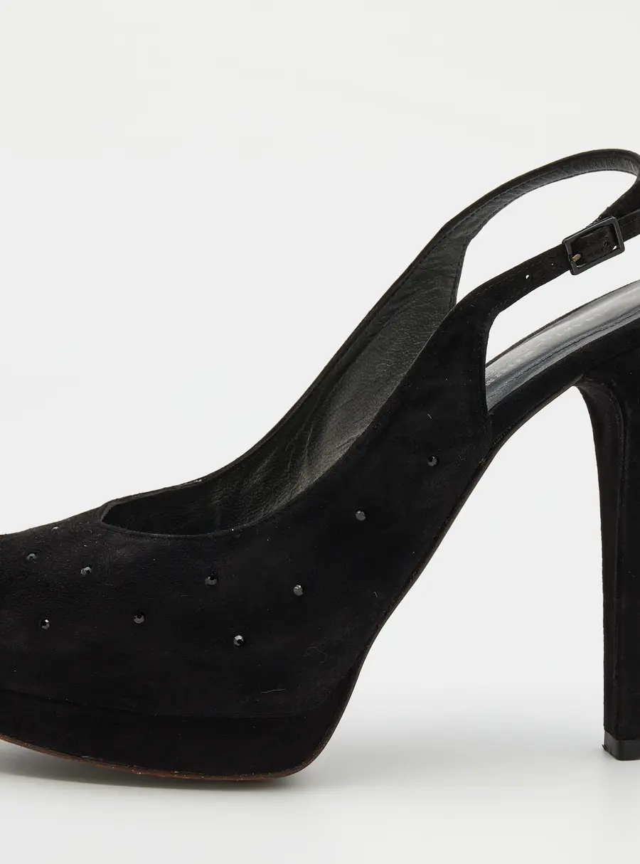 Stuart Weitzman Black Suede Crystal Embellished Platform Slingback Sandals Size 39.5