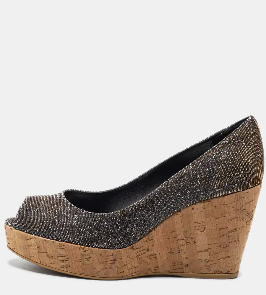 Stuart Weitzman Grey Lurex Fabric Anna Cork Wedge Platform Peep Toe Pumps Size 37