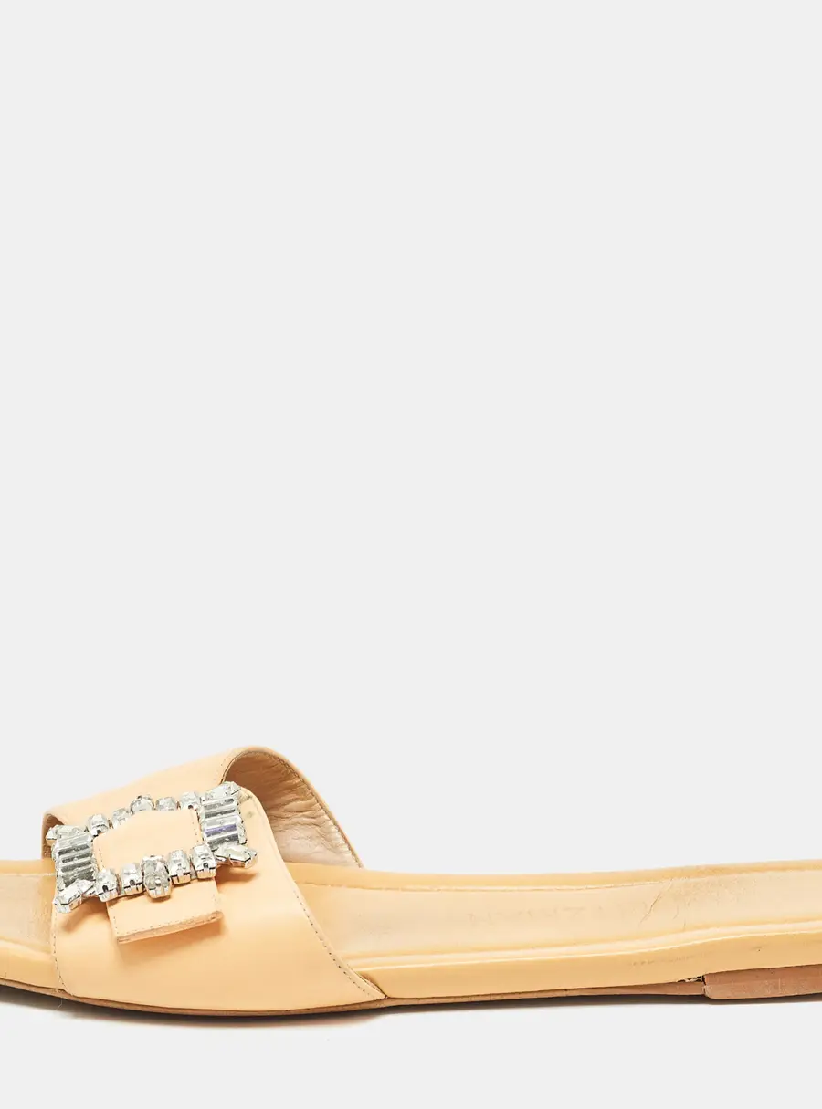 Stuart Weitzman Light Orange Leather Crystal Embellished Shine Buckle Flat Slides Size 40
