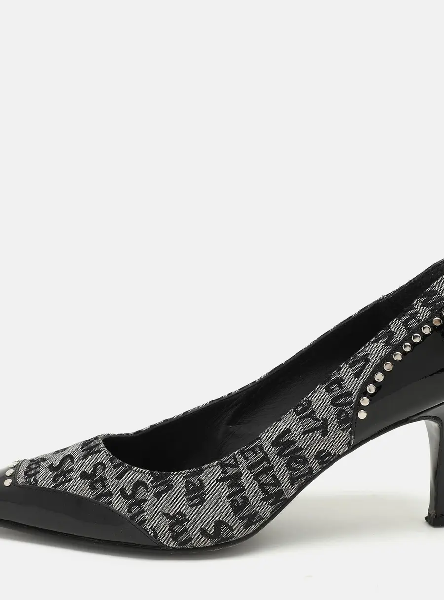 Stuart Weitzman Black/Grey Signature Canvas and Patent Leather Embellished Pumps Size 39.5