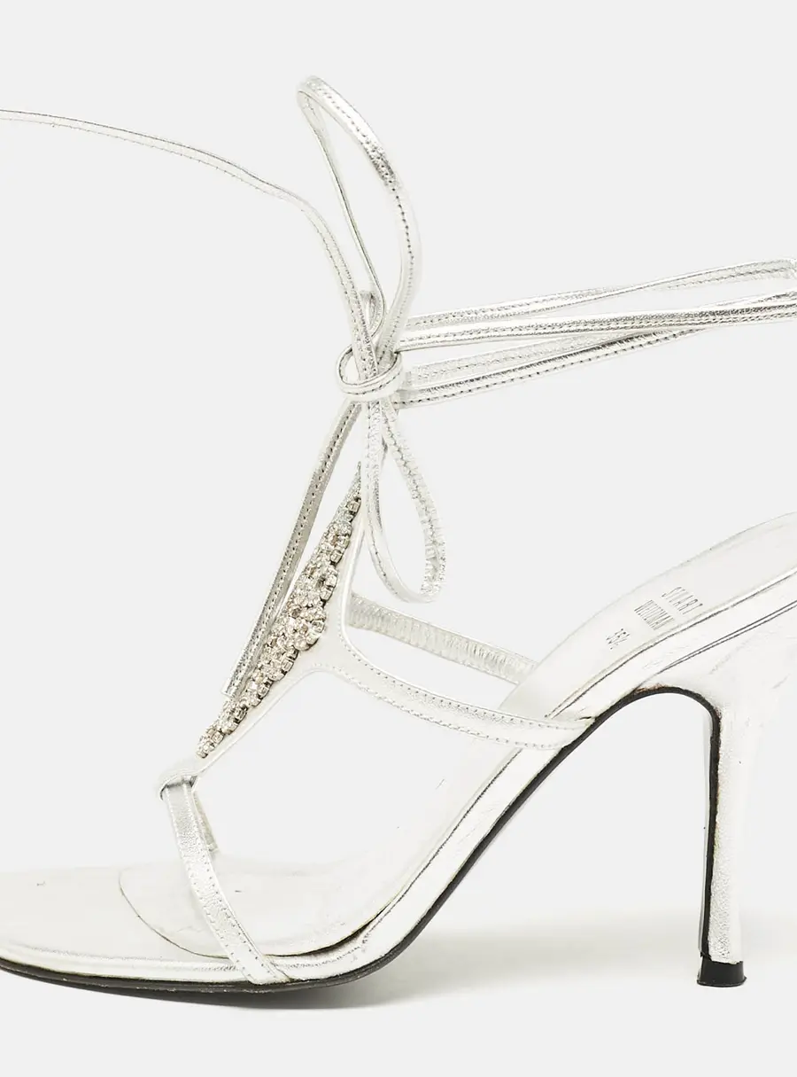 Stuart Weitzman Silver Leather Crystal Embellished Ankle Strap Sandals Size 35.5