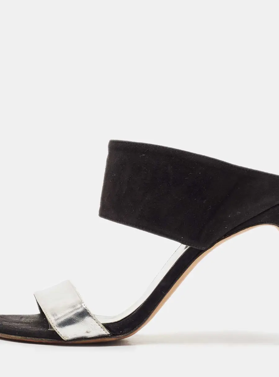 Stuart Weitzman Black/Silver Suede and  Leather Slide Sandals Size 37.5