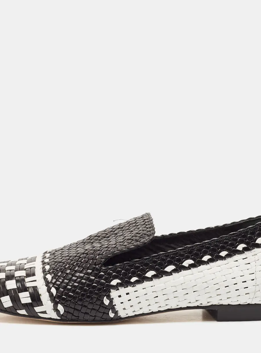 Stuart Weitzman Black/White Woven Leather Riviera Smoking Slippers Size 34.5