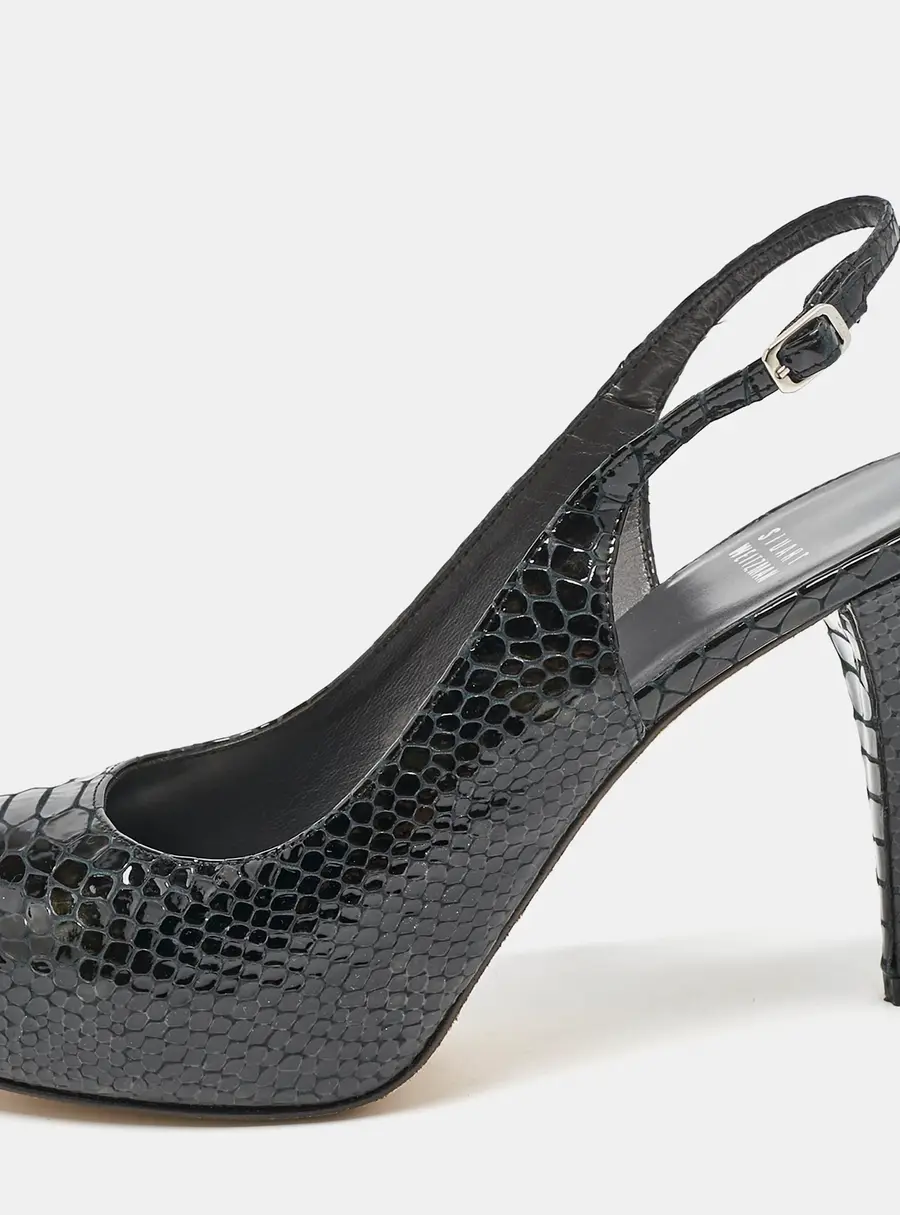 Stuart Weitzman Black Python Embossed Leather Peep Toe Slingback Pumps Size 39.5
