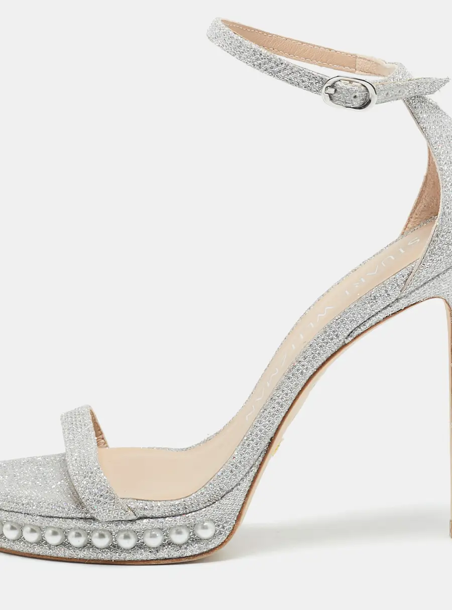 Stuart Weitzman Silver Glitter Nudist Ankle Strap Sandals Size 37.5