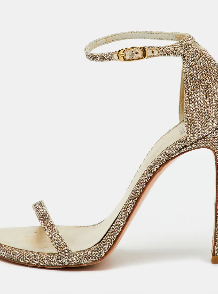 Stuart Weitzman Gold Metallic Lurex Fabric Nudist Ankle Strap Sandals Size 36.5