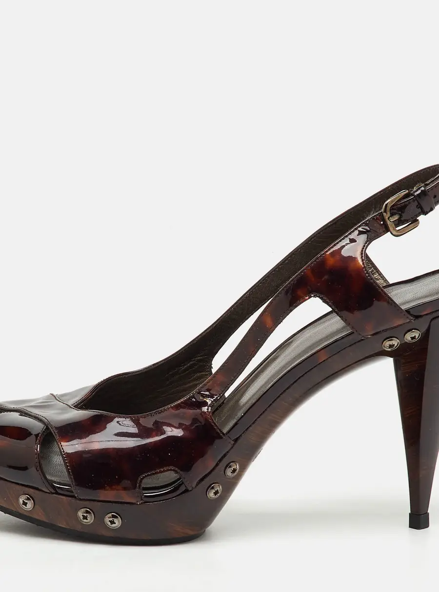 Stuart Weitzman Brown Tortoise Shell Patent Leather Slingback Platform Sandals Size 39.5