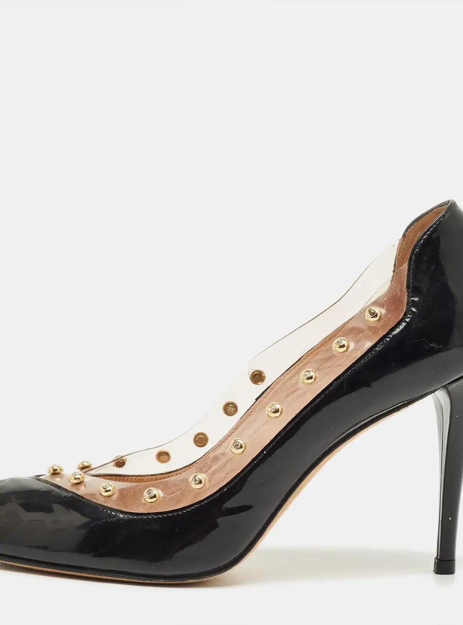 Stuart Weitzman Black/Transparent Patent Leather And PVC Peep Toe Pumps Size 40