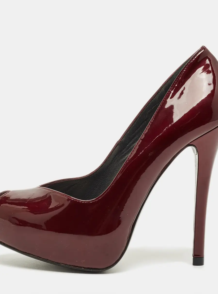 Stuart Weitzman Size 35.5 Burgundy Patent Leather Peep Toe Platform Pumps