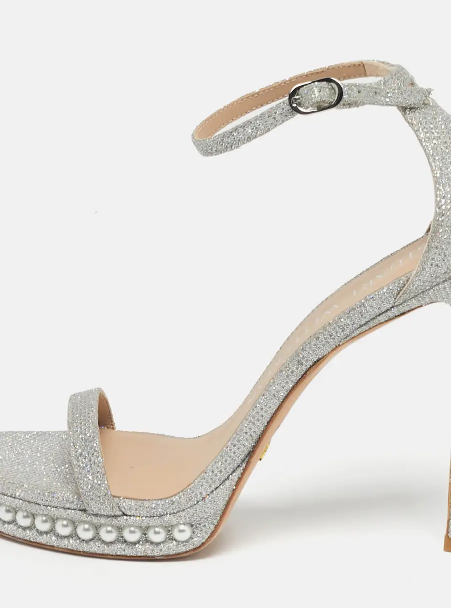 Stuart Weitzman Nudist Size 39.5 Silver Metallic Lurex Fabric Pearl Platform Ankle Strap Sandals