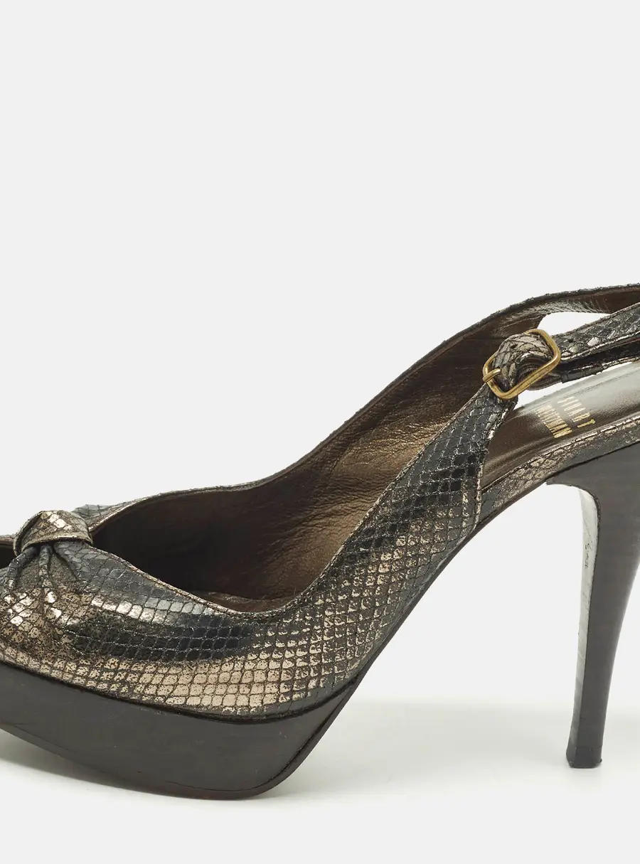 Stuart Weitzman Size 38 Metallic Snakeskin Embossed Leather Knot Slingback Peep Toe Pumps