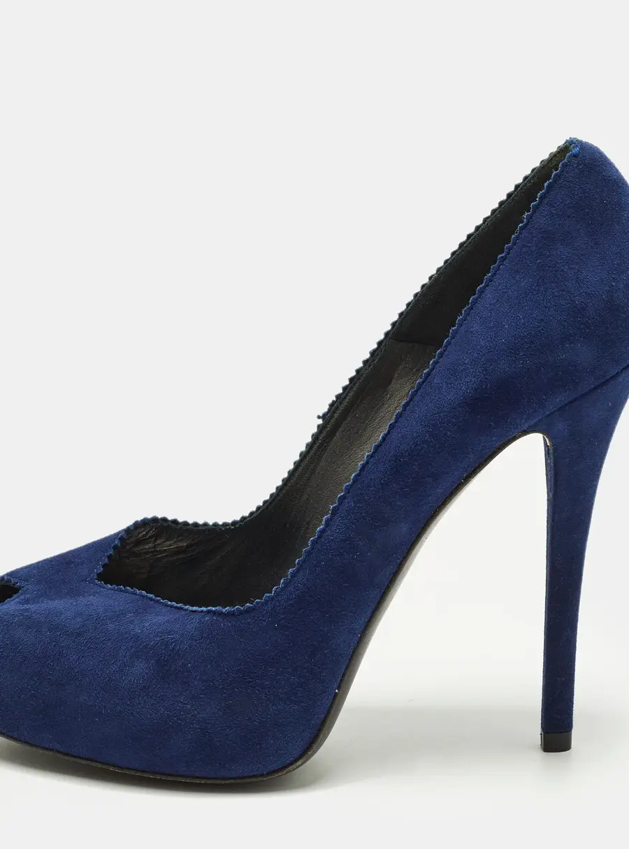 Stuart Weitzman Size 38.5 Navy Blue Suede Peep Toe Pumps