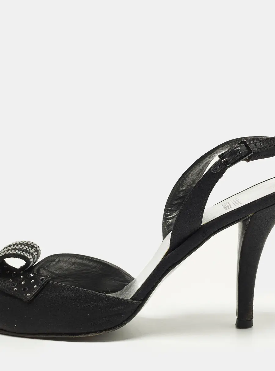 Stuart Weitzman Crystal Embellished Size 38.5 Black Satin Slingback Sandals