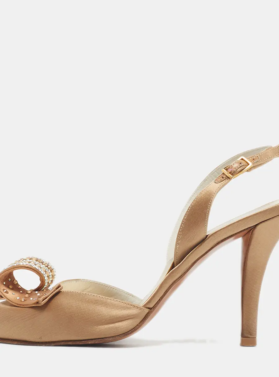 Stuart Weitzman Size 38.5 Gold Satin Crystal Embellished Ankle Strap Sandals