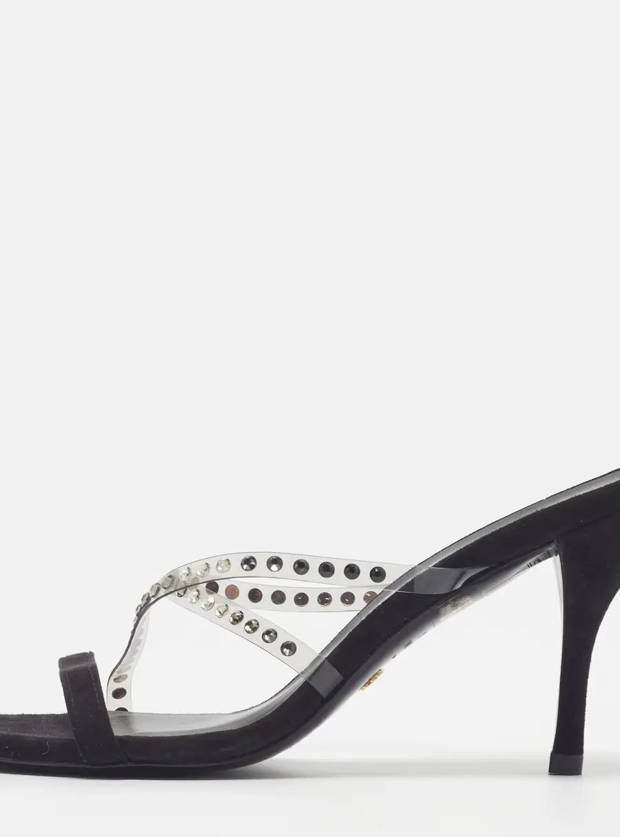Stuart Weitzman Size 39 Transparent/Black PVC and Suede Crystal Embellished Crisscross Slide Sandals