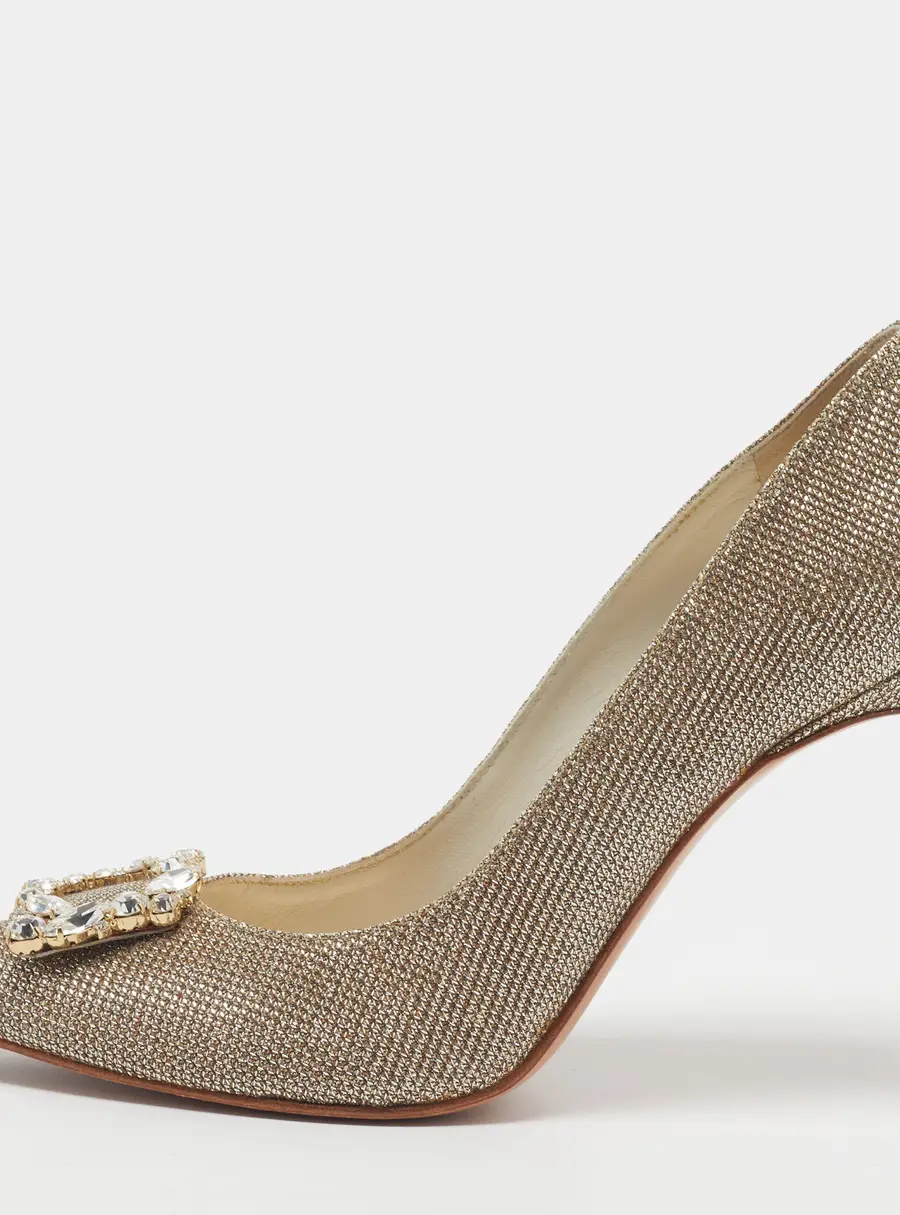 Stuart Weitzman Size 37 Gold Lurex Fabric Crystal Embellished Pumps