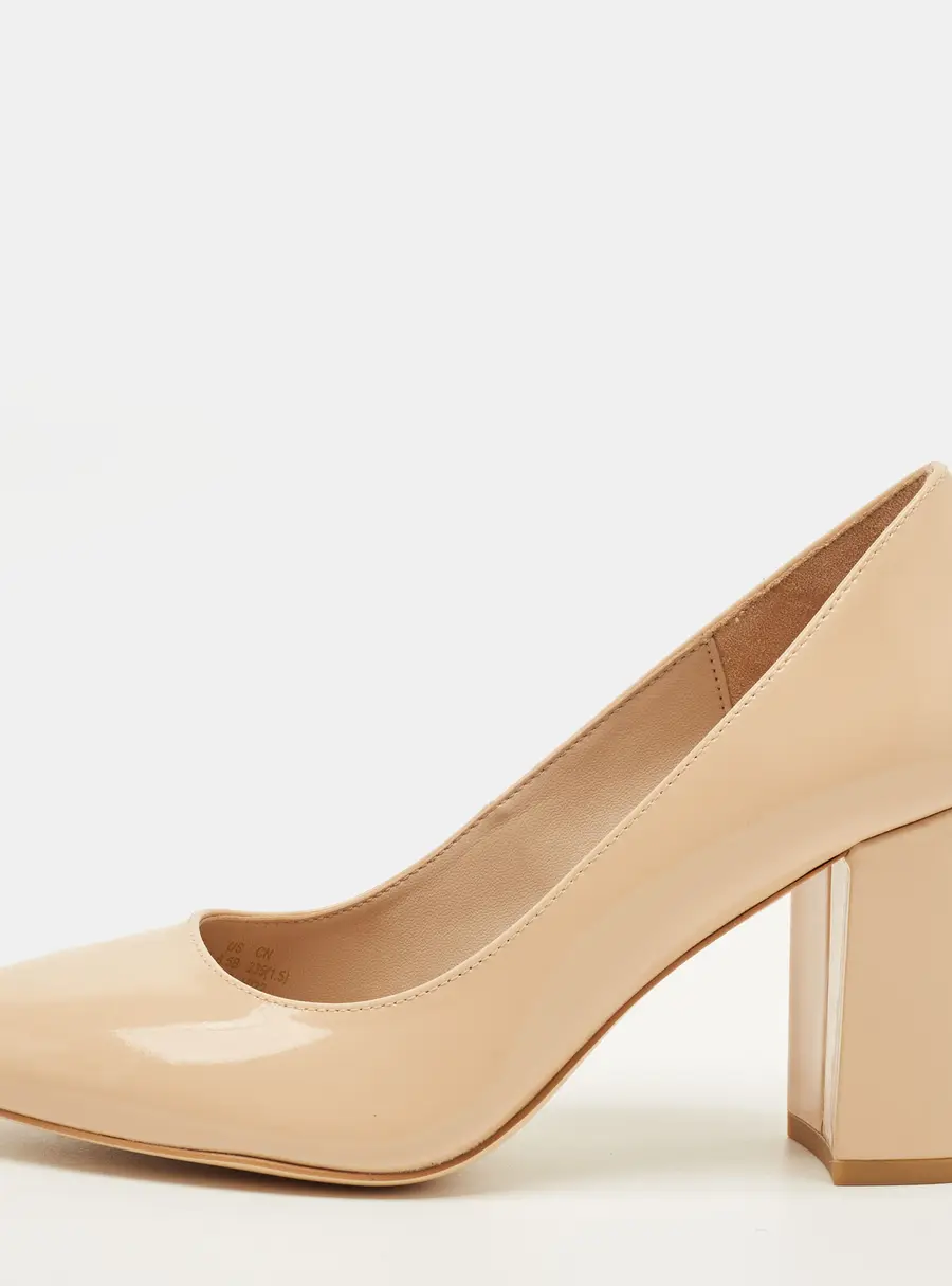Stuart Weitzman Ariana Size 37 Beige Patent Leather Block Heel Pumps