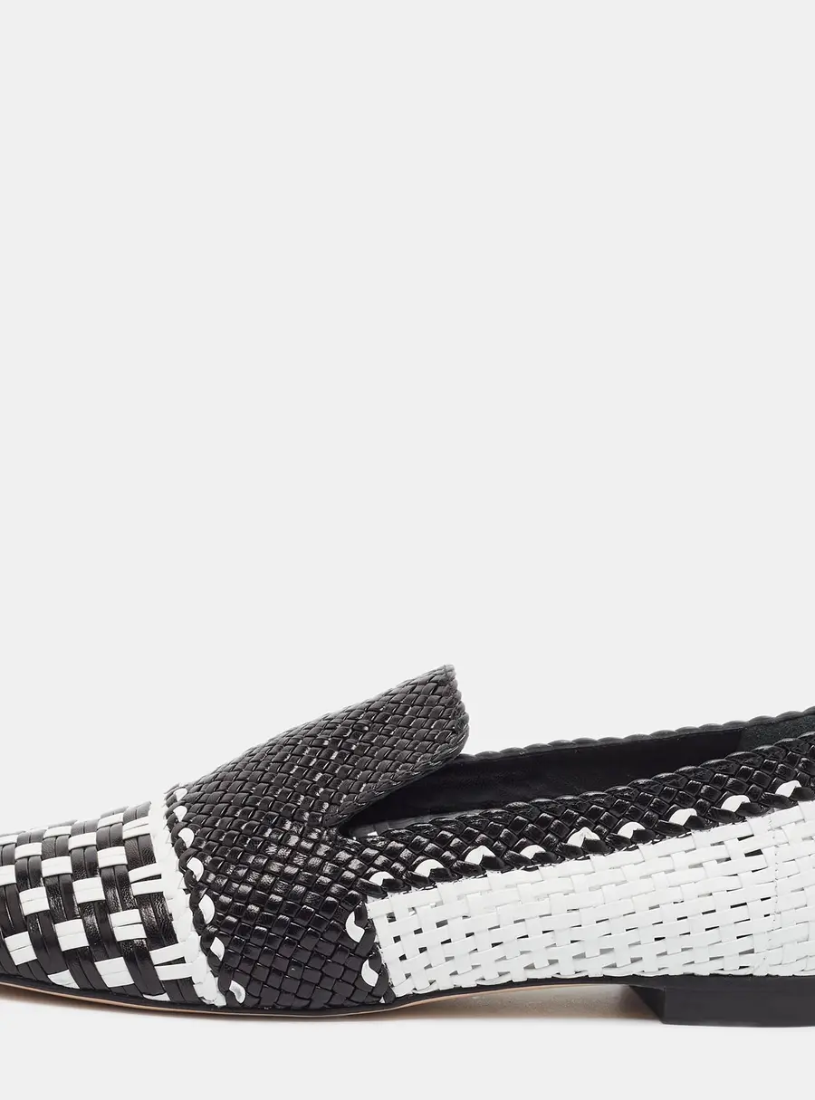 Stuart Weitzman Riviera Size 36.5 Black/White Woven Leather Smoking Slippers