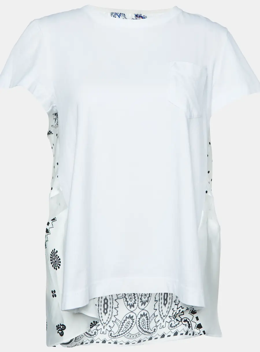 Sacai White Cotton & Paneled Satin Flared Top L