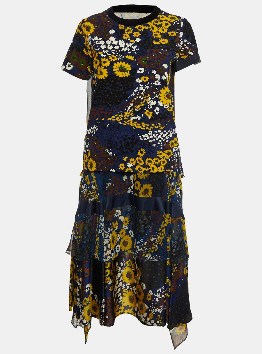 Sacai Navy Blue Floral Print Corduroy & Chiffon Top and Skirt Set S