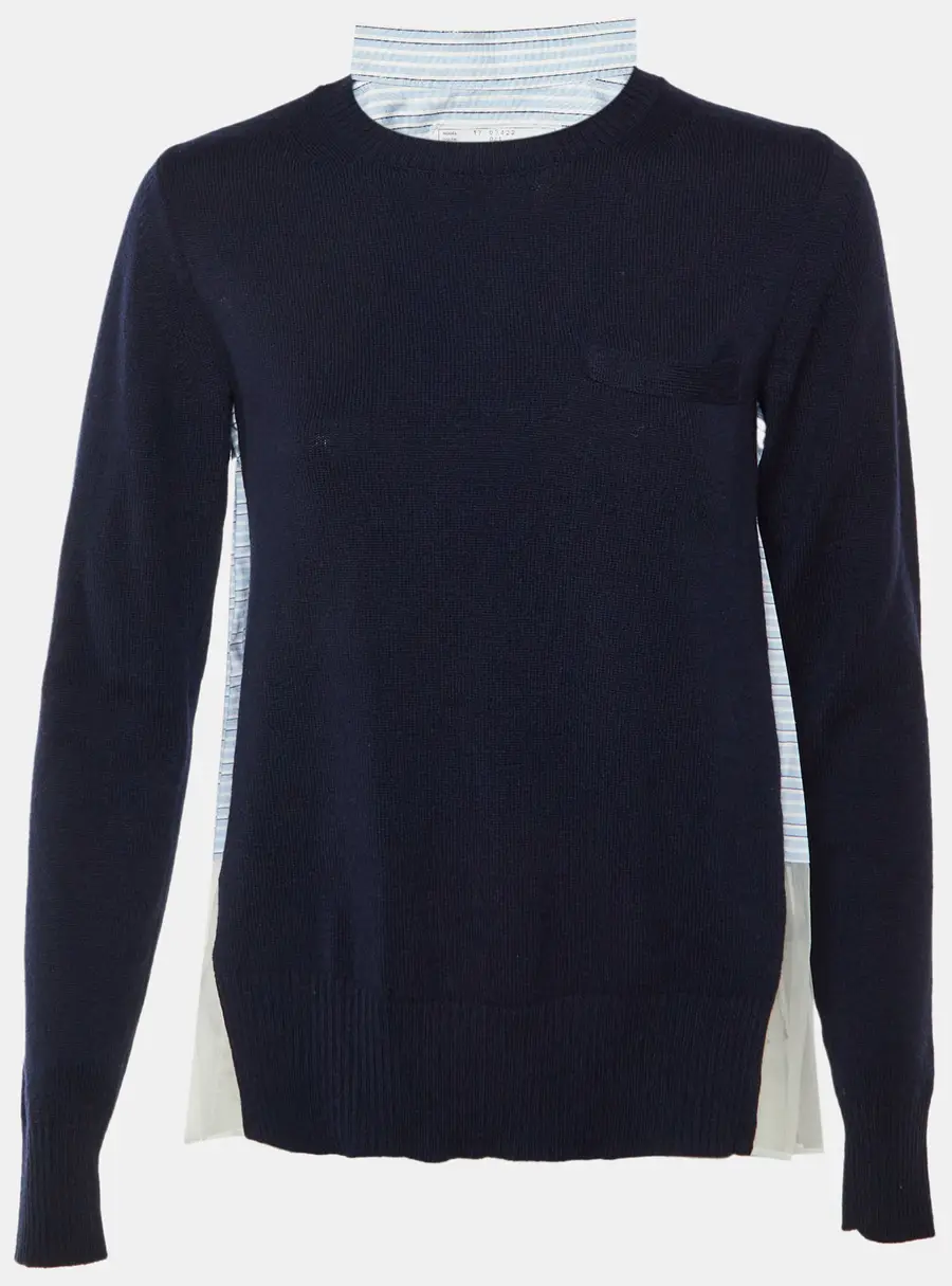 Sacai Navy Blue Striped Mesh Detail Wool Sweater S