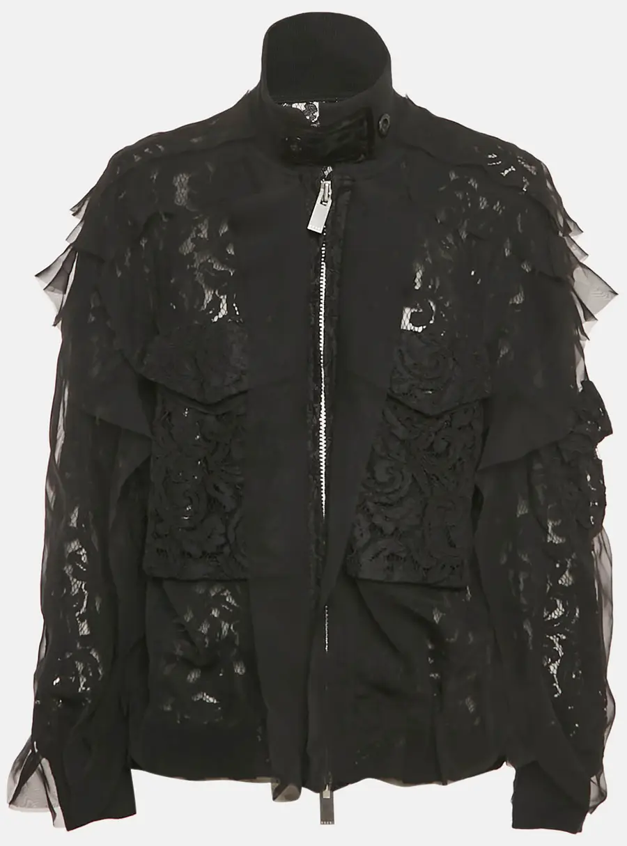 Sacai Black Lace Ruffle Detail Zip Up Jacket M