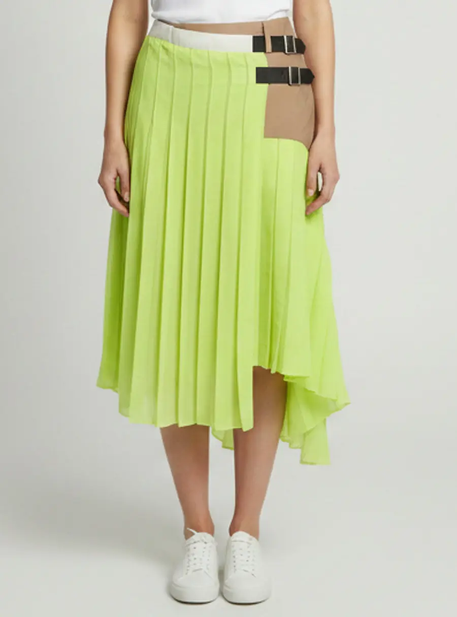 Sacai Neon Yellow/Beige Cotton Blend Asymmetric Pleated Midi Skirt S