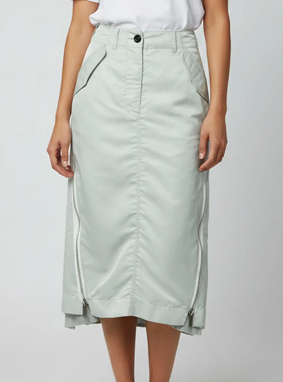 Sacai Light Sage Green Nylon Zip Detail Pleated Midi Skirt L