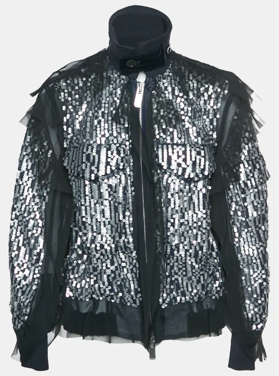 Sacai Navy Blue/Silver Sequins Ruffled Bomber Jacket S