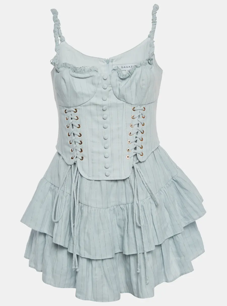Sagaza Light Blue Pin Striped Cotton Rokoko Mini Dress