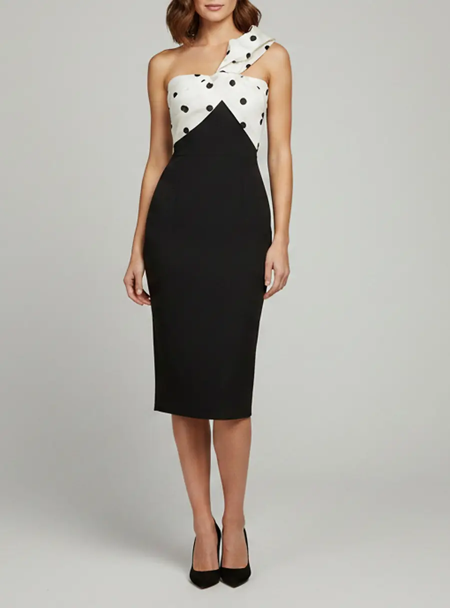 Safiyaa Black Stretch Crepe Draped Polka Dot Midi Dress S