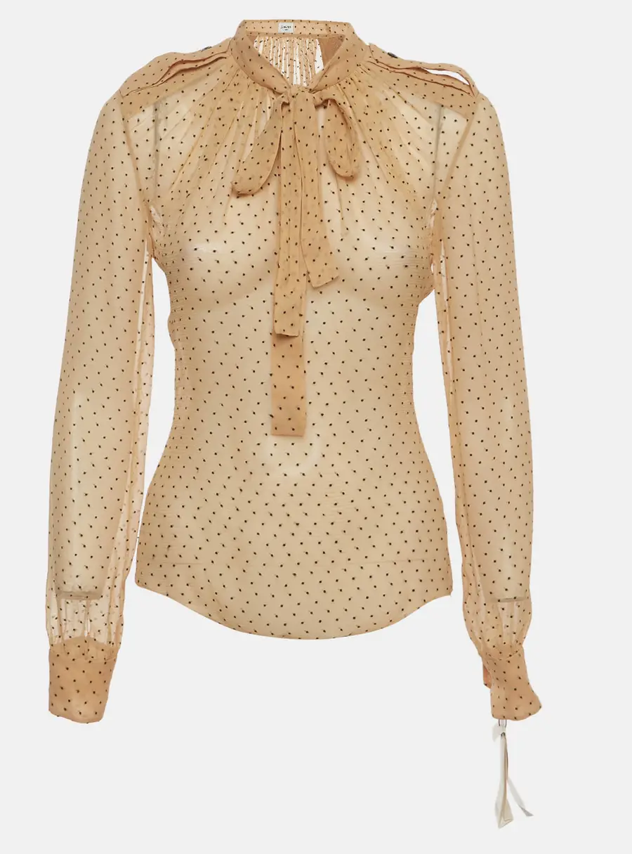 Saint Laurent Beige Swiss Dot Long Sleeve Sheer Top S