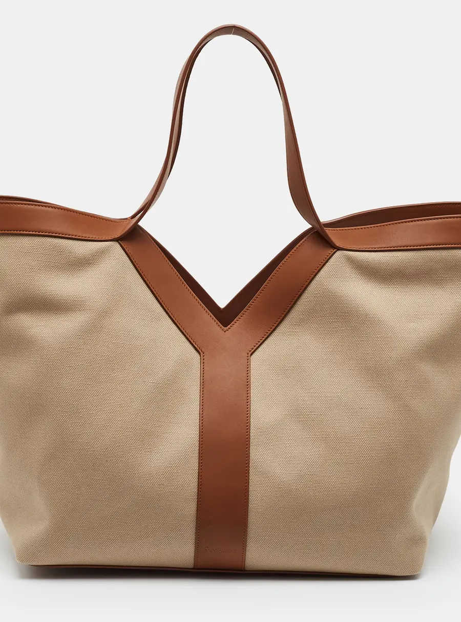 Saint Laurent Y Beige/Brown Canvas and Leather Tote