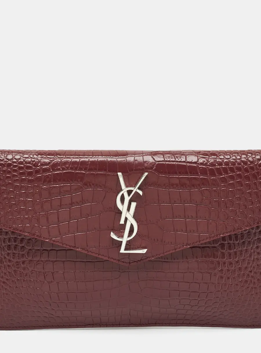 Saint Laurent Uptown Burgundy Croc Embossed Leather Pouch