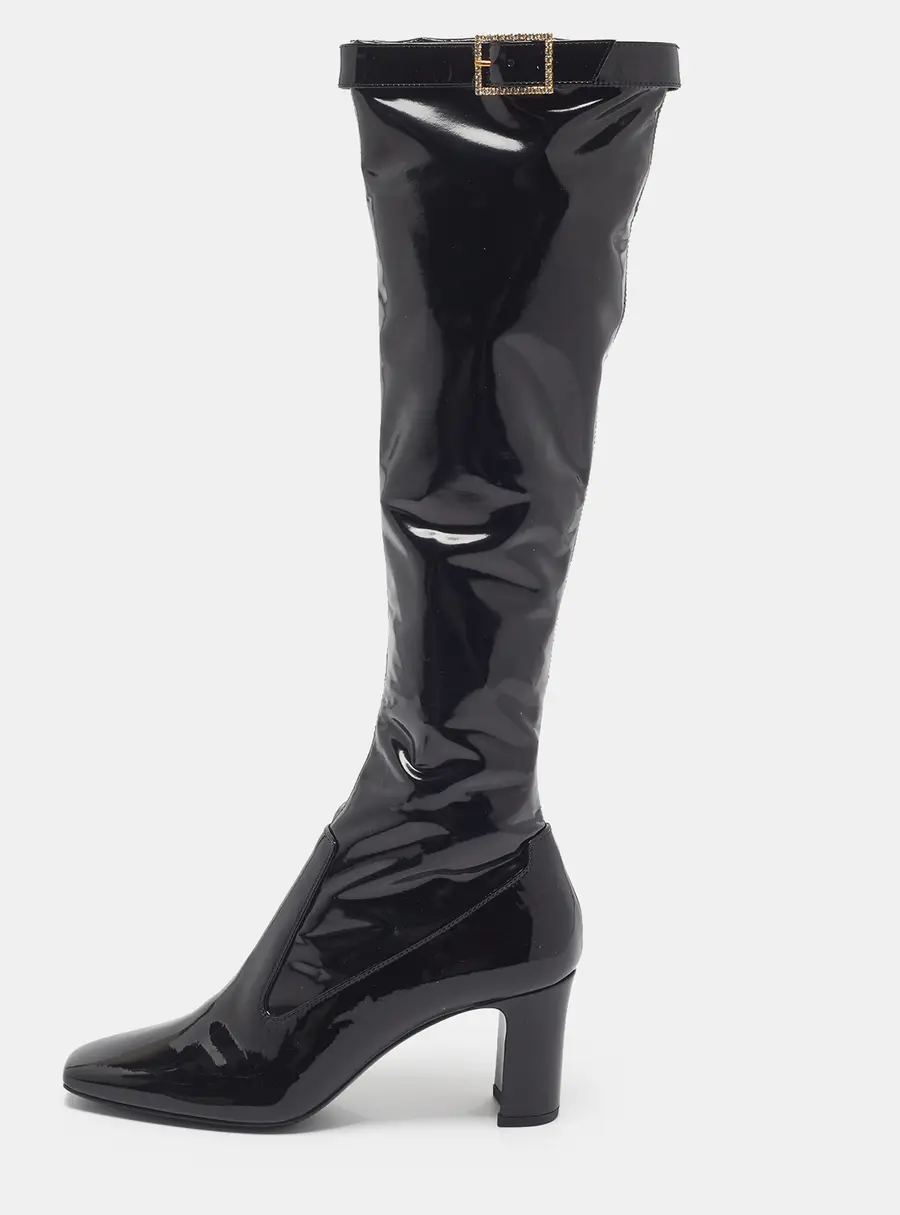 Saint Laurent Twiggy Size 38.5 Black Patent Leather Knee Length Boots