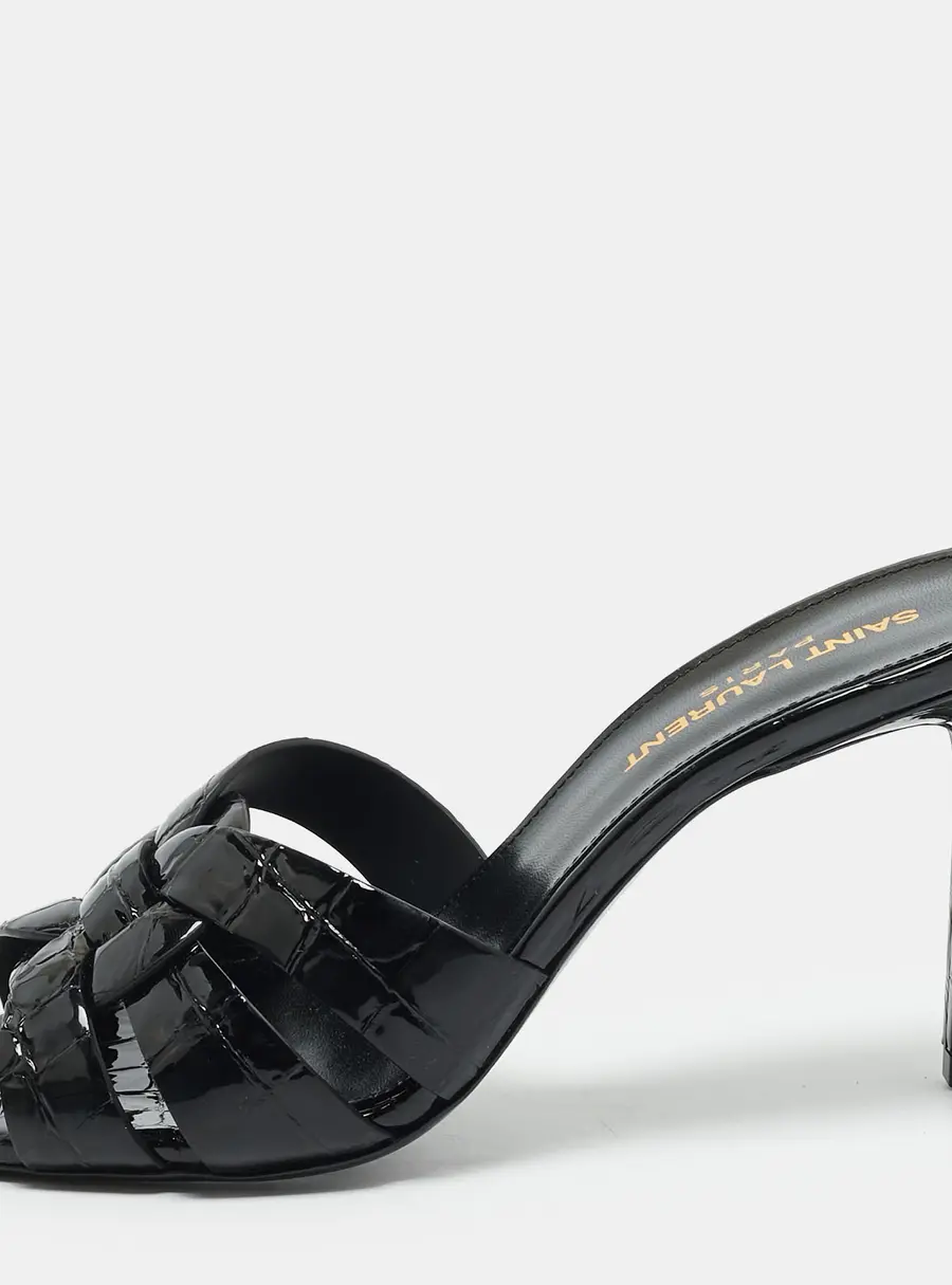 Saint Laurent Tribute Size 36 Black Croc Embossed Patent Leather Slide Sandals