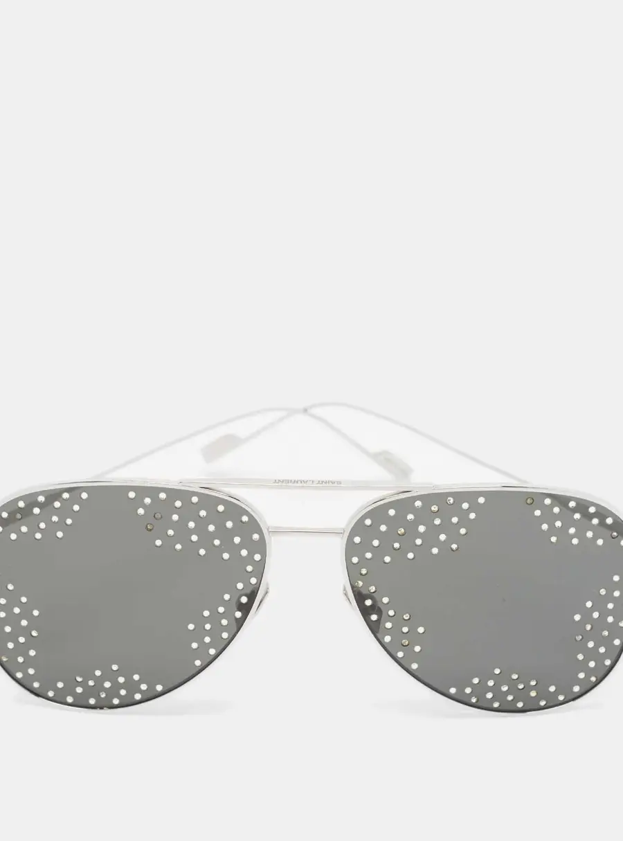 Saint Laurent Paris Silver Tone/Grey SL193T Crystal Aviator Sunglasses
