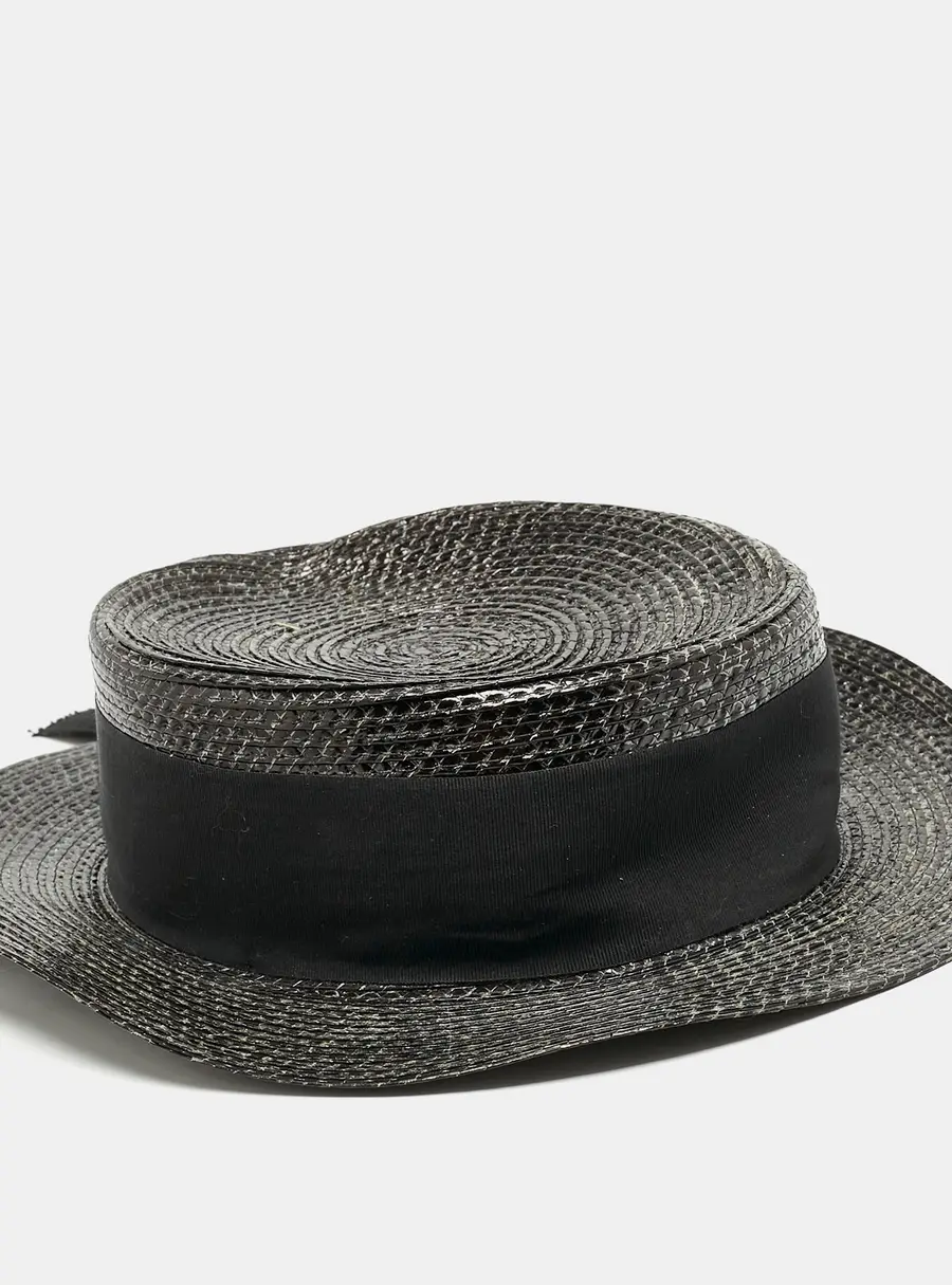 Saint Laurent Paris Black Canotier Lacquered Straw Boater Hat S