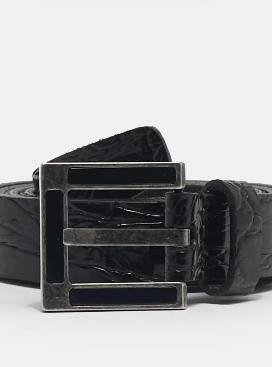 Saint Laurent Paris Buckle Belt Black Crocodile Embossed Leather