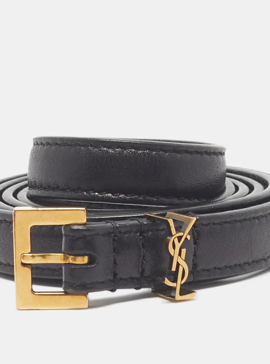 Saint Laurent Cassandre Slim 70CM Buckle Belt Black Leather