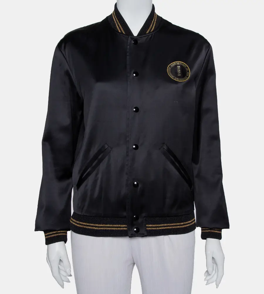 Saint Laurent Paris Black Satin Lurex Trim Detail Button Front Jacket L