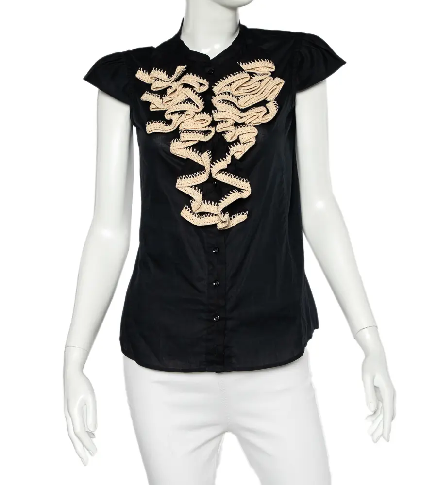 Yves Saint Laurent Black Cotton Crochet Ruffled Button Front Top M
