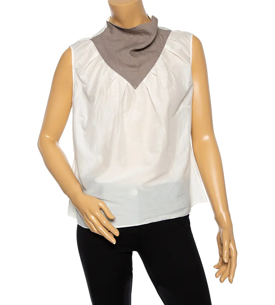 Saint Laurent Off White Cotton Contrast Neck Detailed Top XL