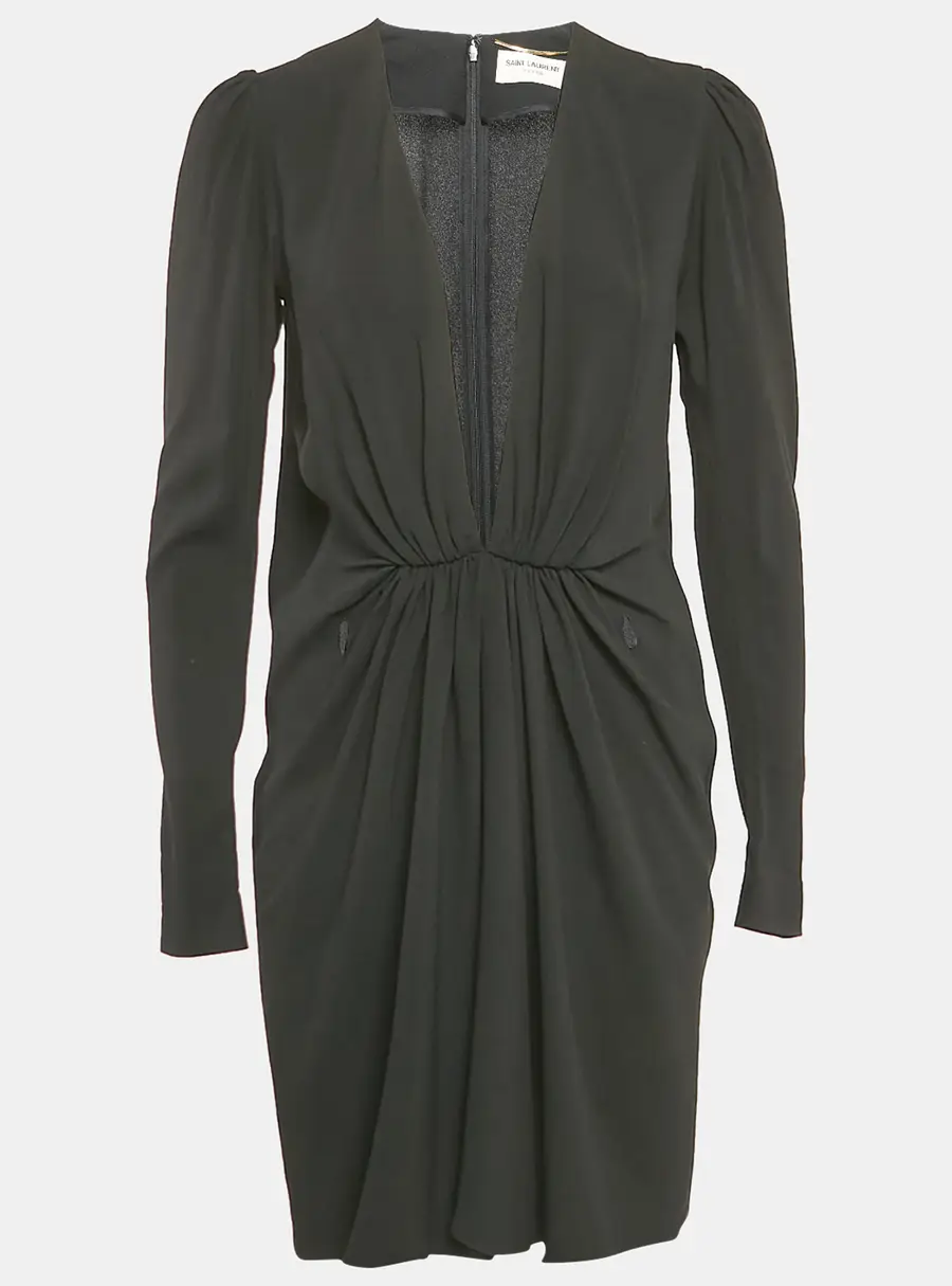 Saint Laurent Black Crepe Plunging Neck Mini Dress M