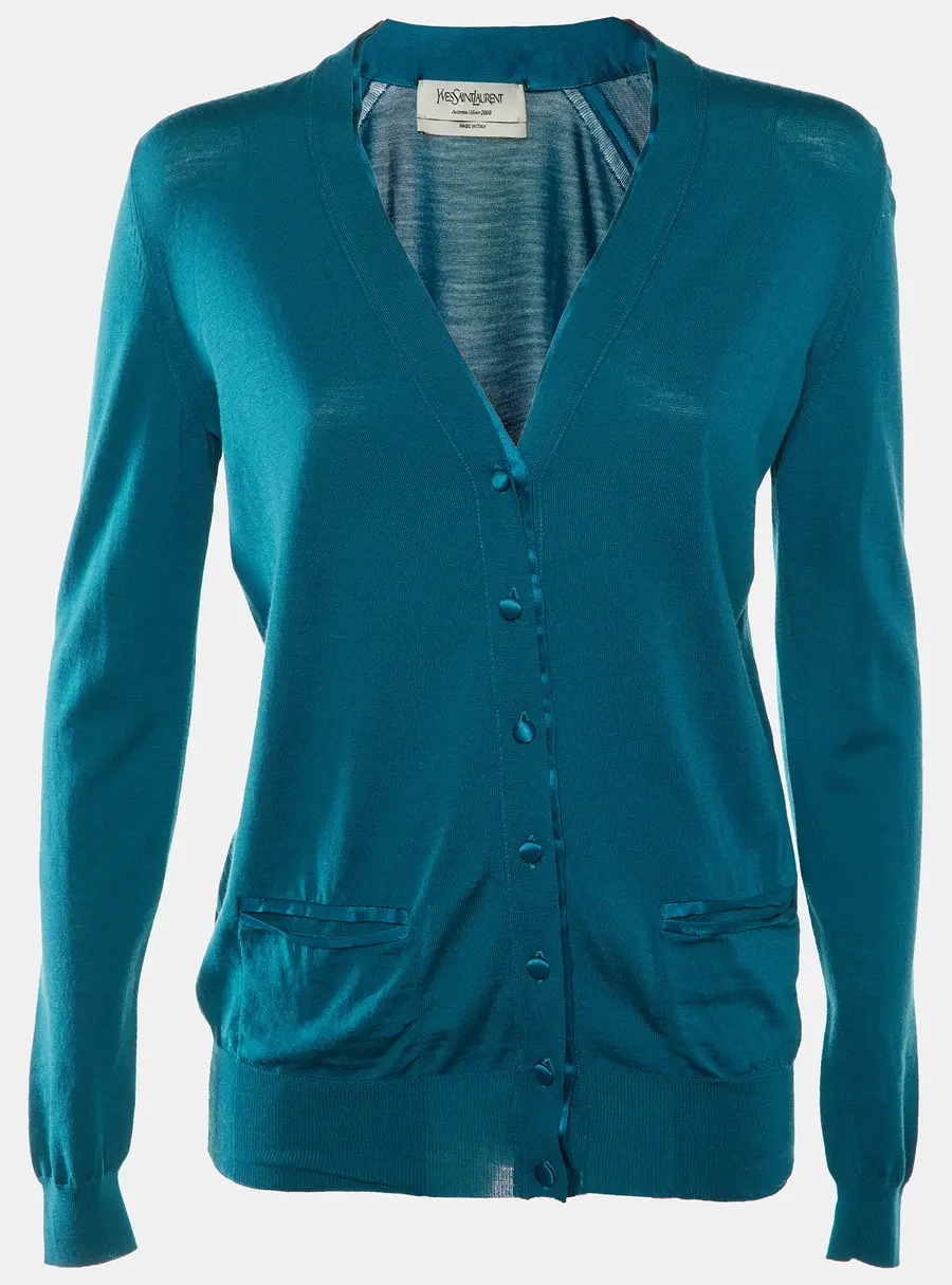 Yves Saint Laurent Teal Blue Wool Knit & Satin Trim Button Front Cardigan L