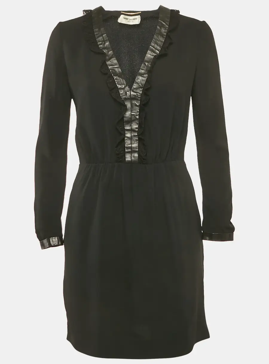 Saint Laurent Black Leather and Lace Trim Crepe Mini Dress M