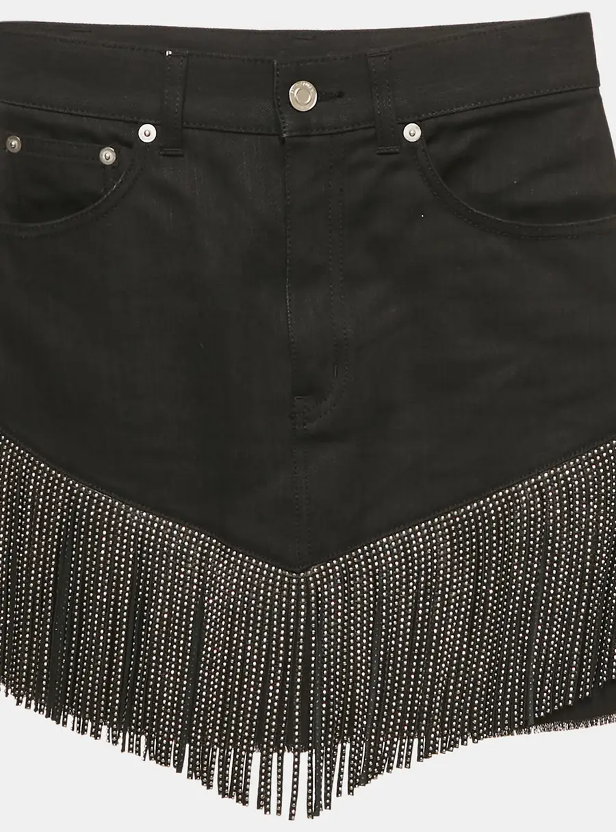 Saint Laurent Black Studded Leather Fringe Trim Denim Skirt S Waist 27"