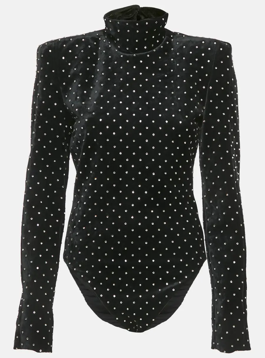 Saint Laurent Paris Black Crystal Embellished Velvet Turtleneck Bodysuit M