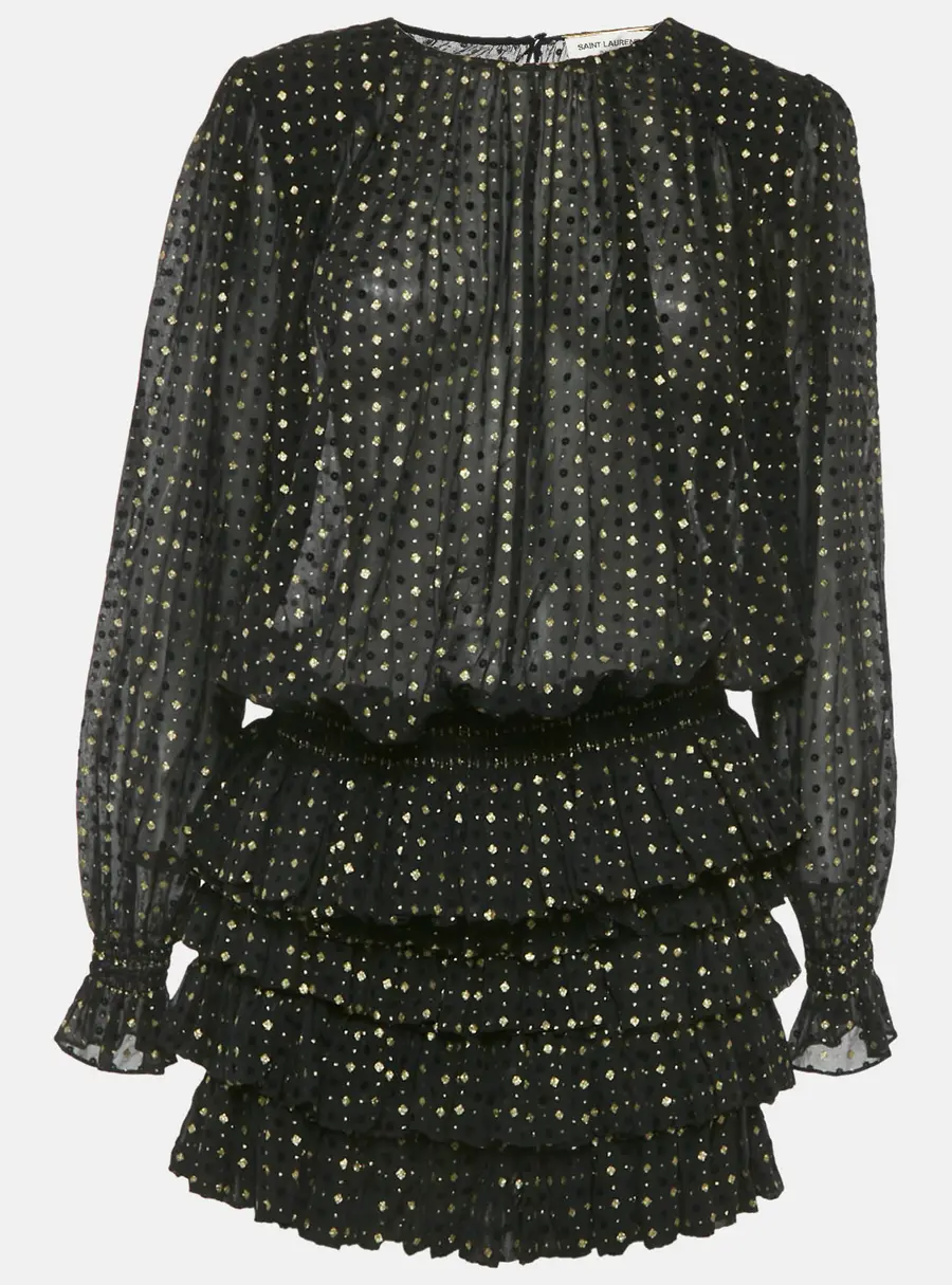 Saint Laurent Black Glitter Chiffon Sheer Ruffled Flocked Mini Dress M