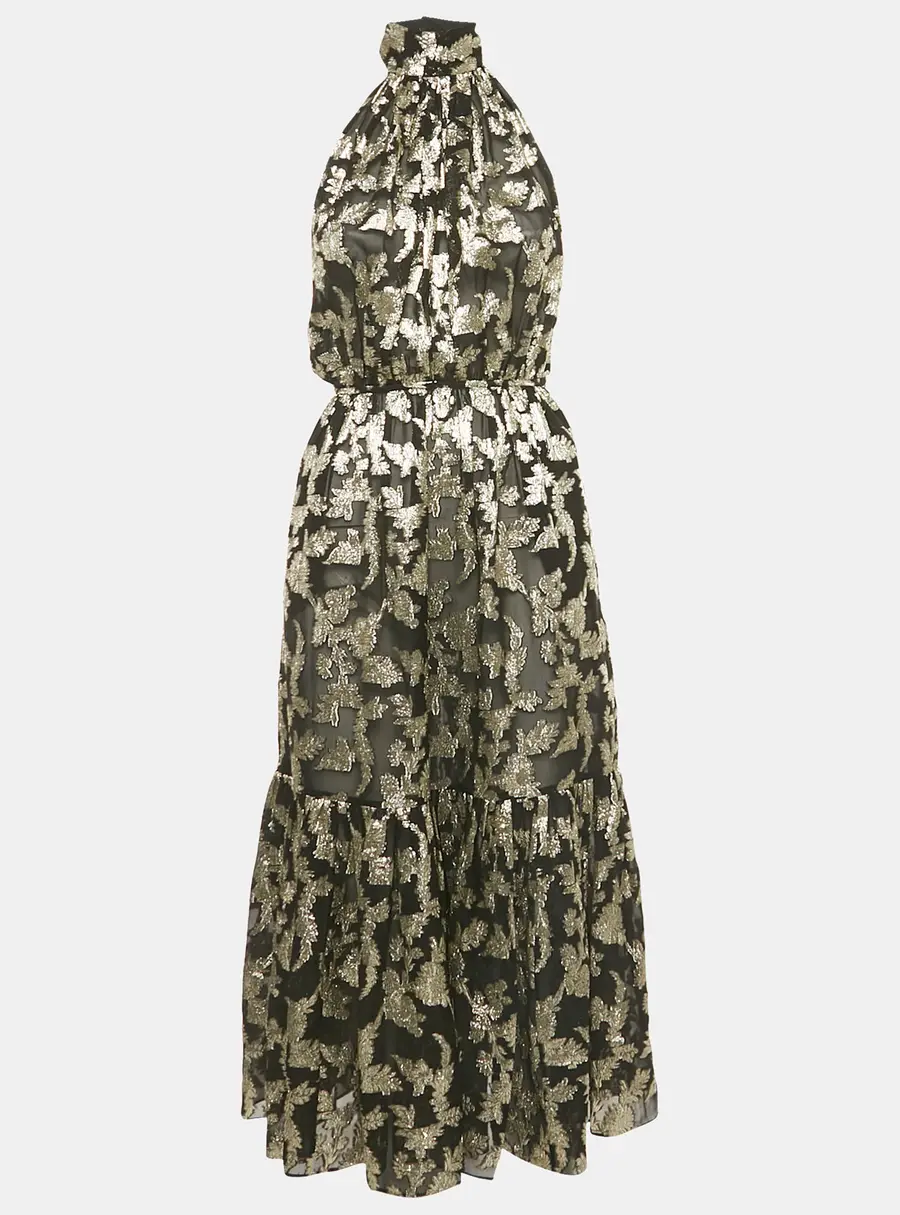 Saint Laurent Paris Black /Gold Fil Coupe Silk Halter Neck Midi Dress S